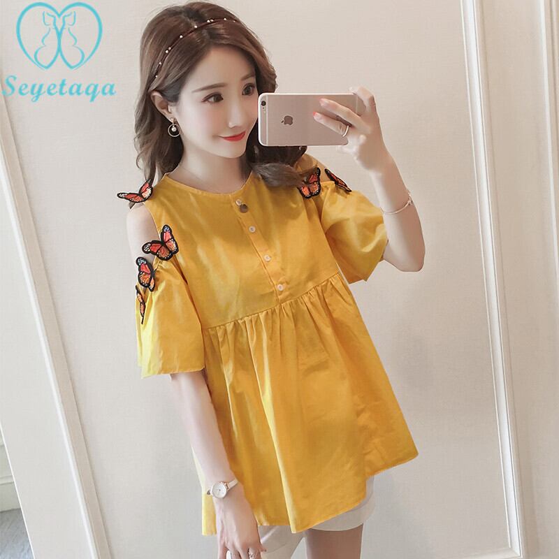 【新作】【送料無料】 116＃ショルダーオフバタフライホールマタニティブラウス夏のゆったりとしたチュニック服妊婦妊娠シャツトップス サマー 夏物 AL expec46054293753