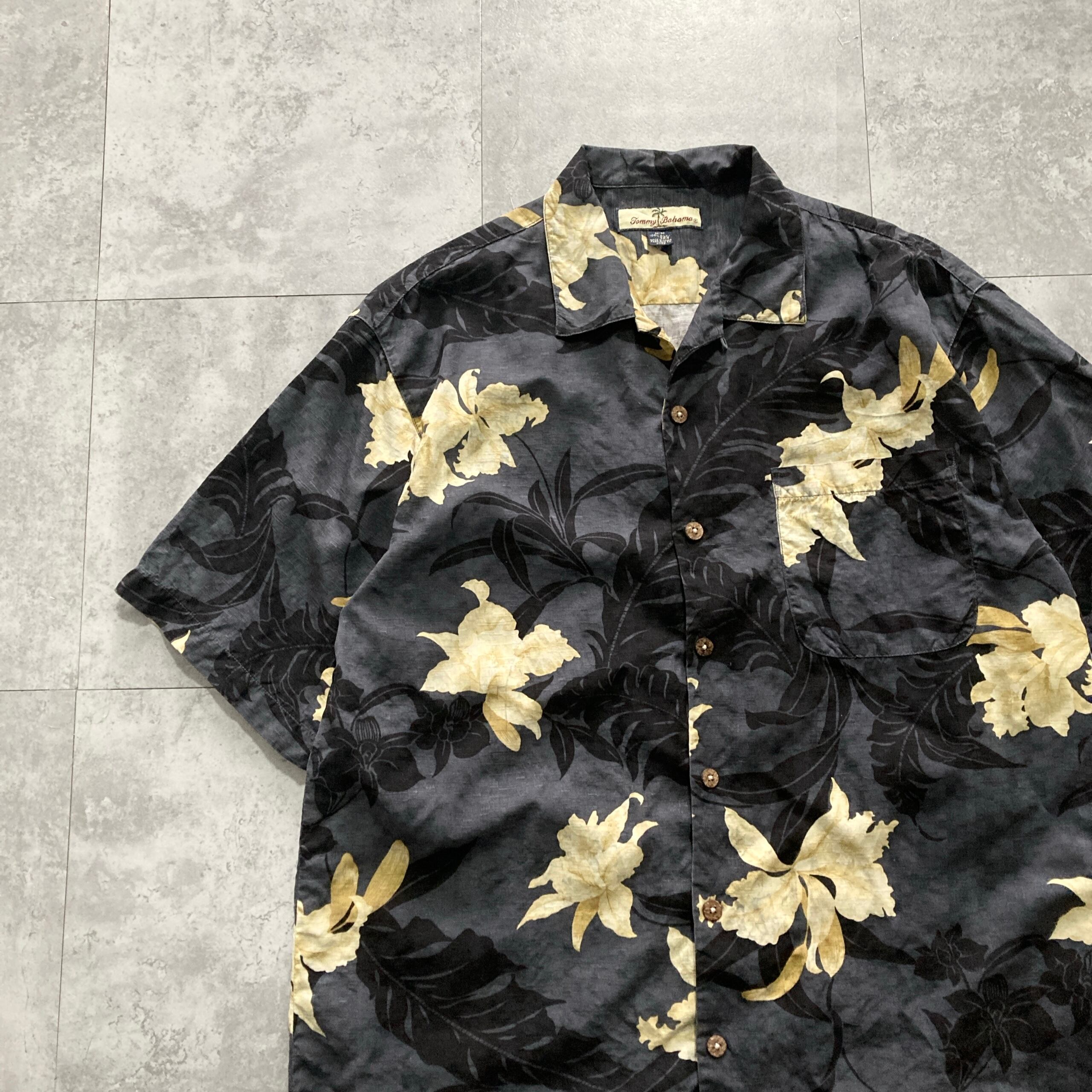 トミーバハマ シルク100% アロハ オープンカラーシャツ 虎 和柄 刺繍 黒L Size.L】Tommy Bahama トミーバハマ シルク100% 総柄 開襟シャツ
