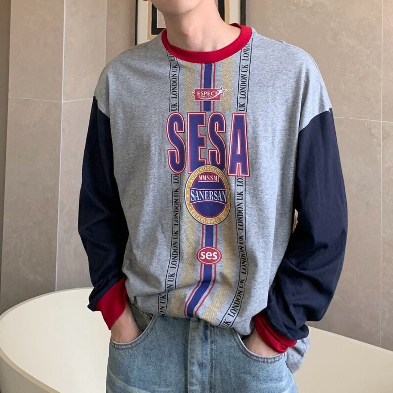 マルチカラーブロックグラフィックロングスリーブTシャツ 2col A00458