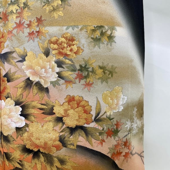黒留袖 牡丹 紅葉 竹 五三桐紋 桐 結婚式 着物 結婚式着物 裄68.5cm Lサイズ　1755 黒留袖 牡丹 紅葉 竹 五三桐紋 桐 結婚式 着物 結婚式着物 裄68.5cm L