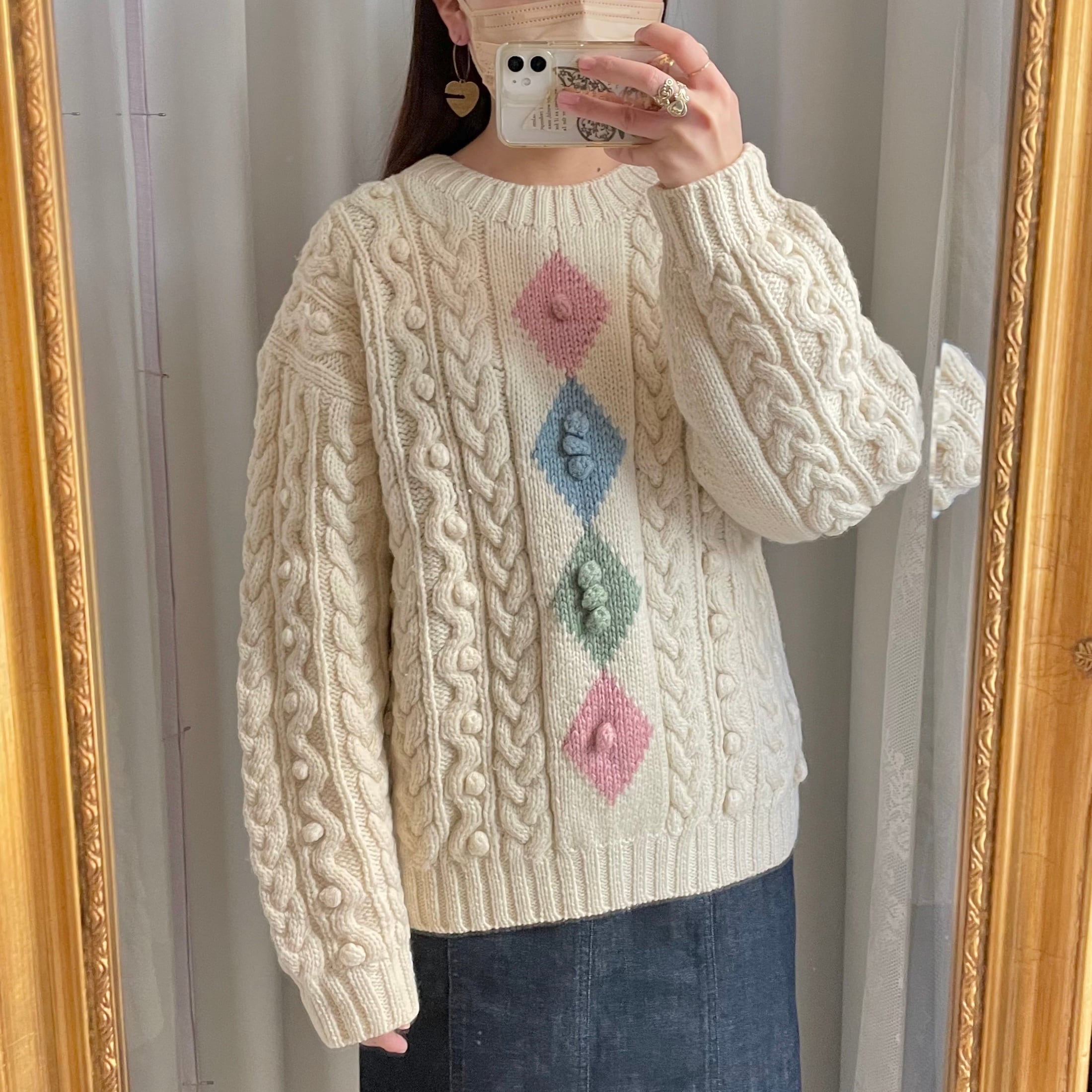 pastel argyle popcorn knit 〈レトロ古着 パステルアーガイル