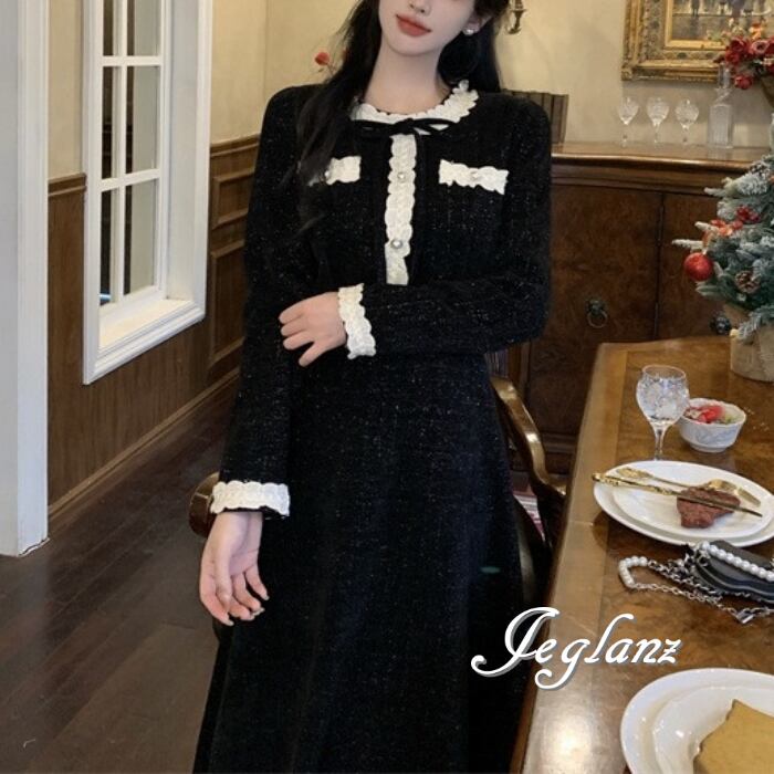 ワンピース ドレス バイカラー パール リボン ラメ 光沢感 ひざ上/ロング(M5657)ζ