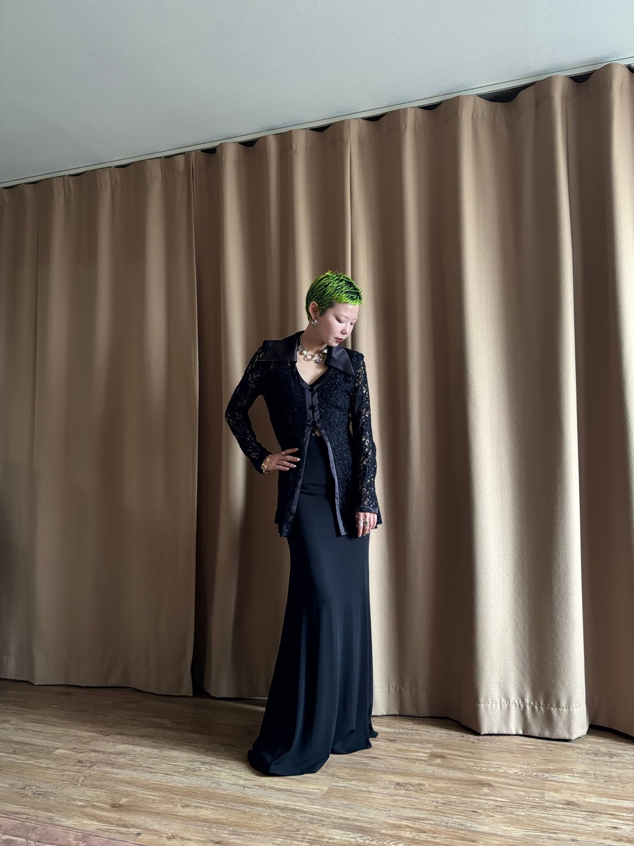 2way collar black lace shirt-4802-7