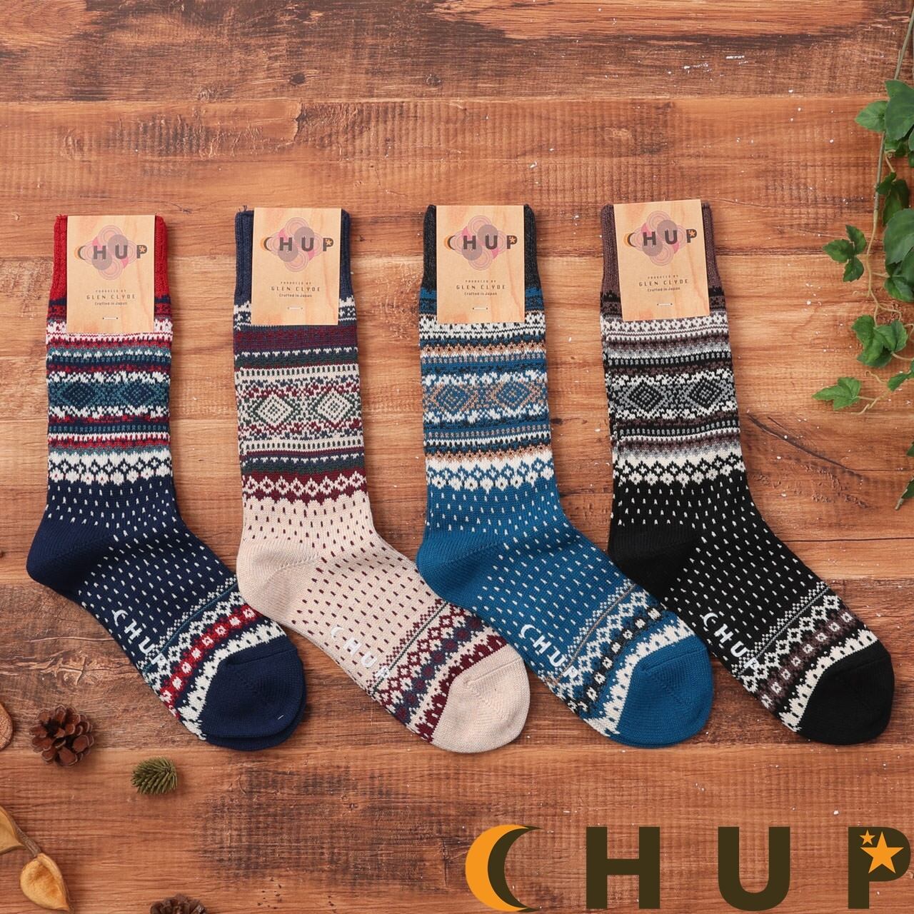 靴下 ハイソックス CHUP チュプ LOG HOME 冬物 暖かい 綿 快適 おしゃれ 柄物 民族 ギフトプレゼント GLEN CLYDE グレンクライド 日本製 ネイビー ブルー アイボリー ブラック Ll112