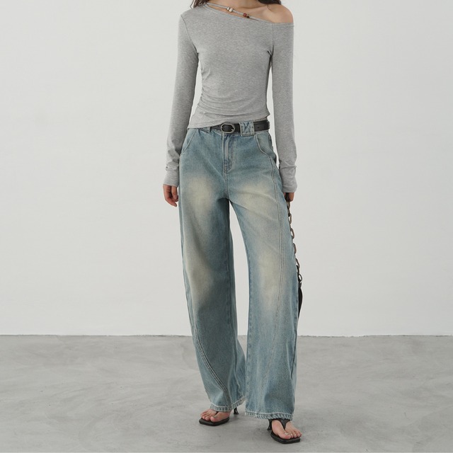 high waist curved denim pants L0616