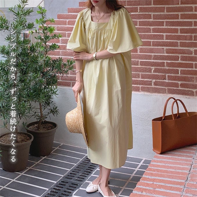 カジュアル 半袖 無地 大きなフリル シンプル ロング ワンピース 半袖ワンピース レディース フリル スクエアカラー ロング