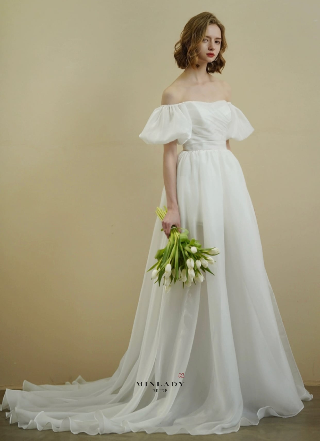 ウェディングドレス オフショル 花柄 結婚式 シフォン 韓国 韓国風 シフォン オフショル ウェディングドレス | MINLADY BRIDE