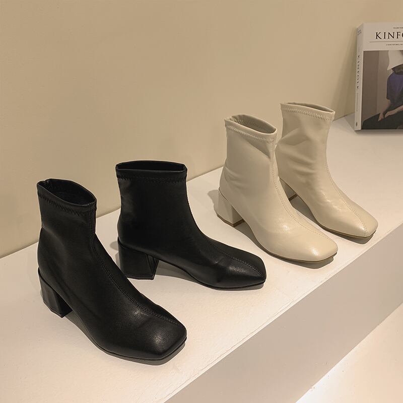 ショートブーツオータムスリーブレッド薄手 ハイヒール 靴 シューズ 秋物 スクウェア フェイクシューズ34978861264