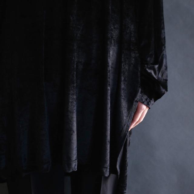 china button deep slit black velours cut-sew