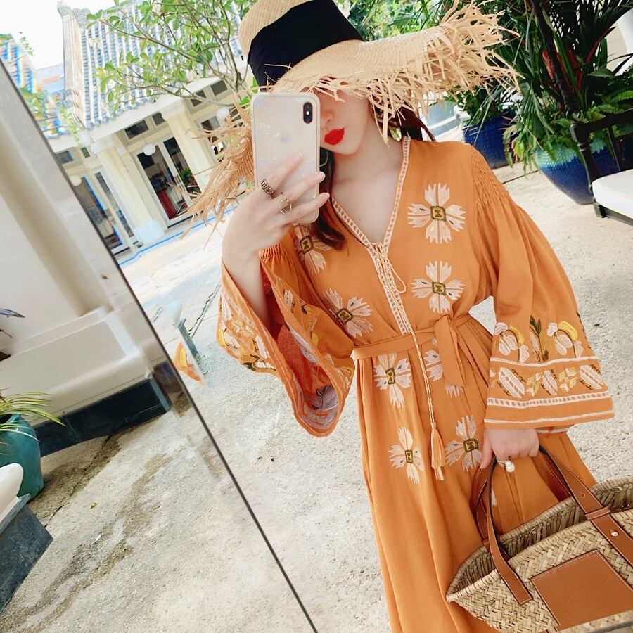 ロングスカート スタンダードルーズエスニック刺繍ドレス コットン レトロ ビーチ 延命家ファッション3328058