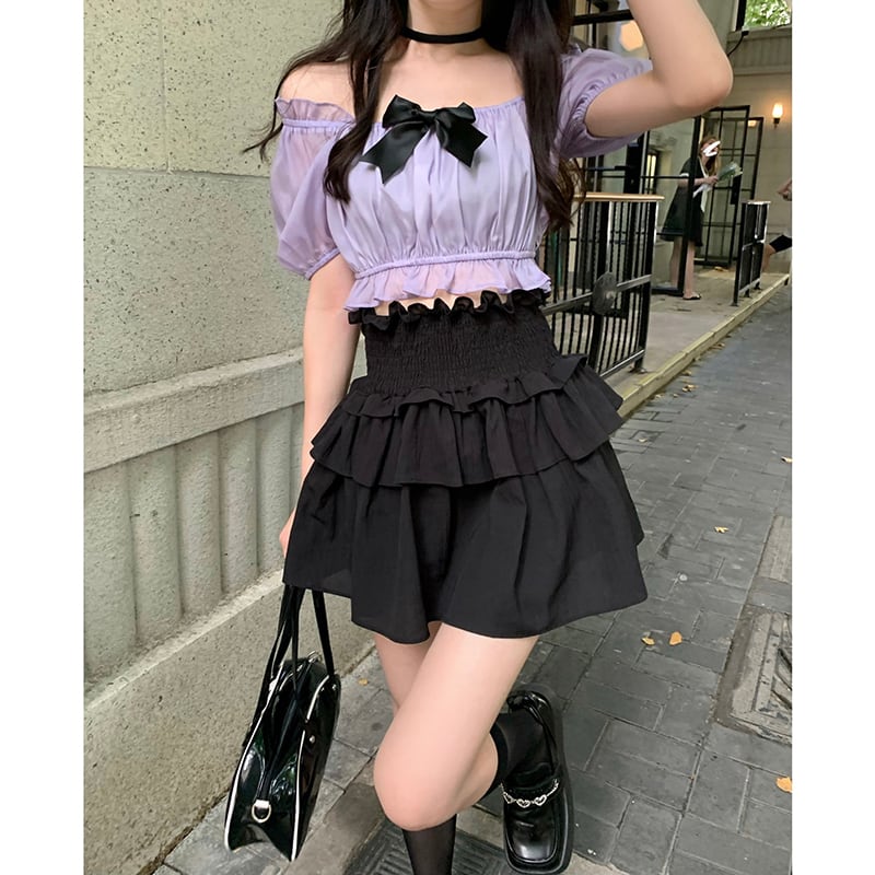 シフォンシャツ リボンサマートップス 夏物 パープル ブラックストロベリース87054611549