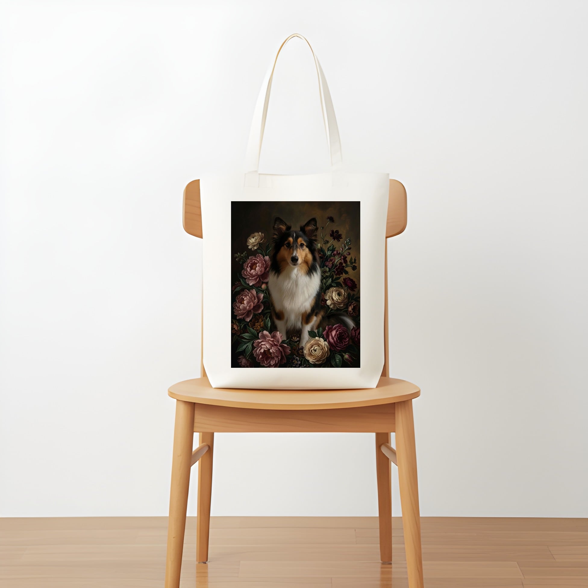 犬（シェットランドシープドッグ）トートバッグ 花の油絵風アート