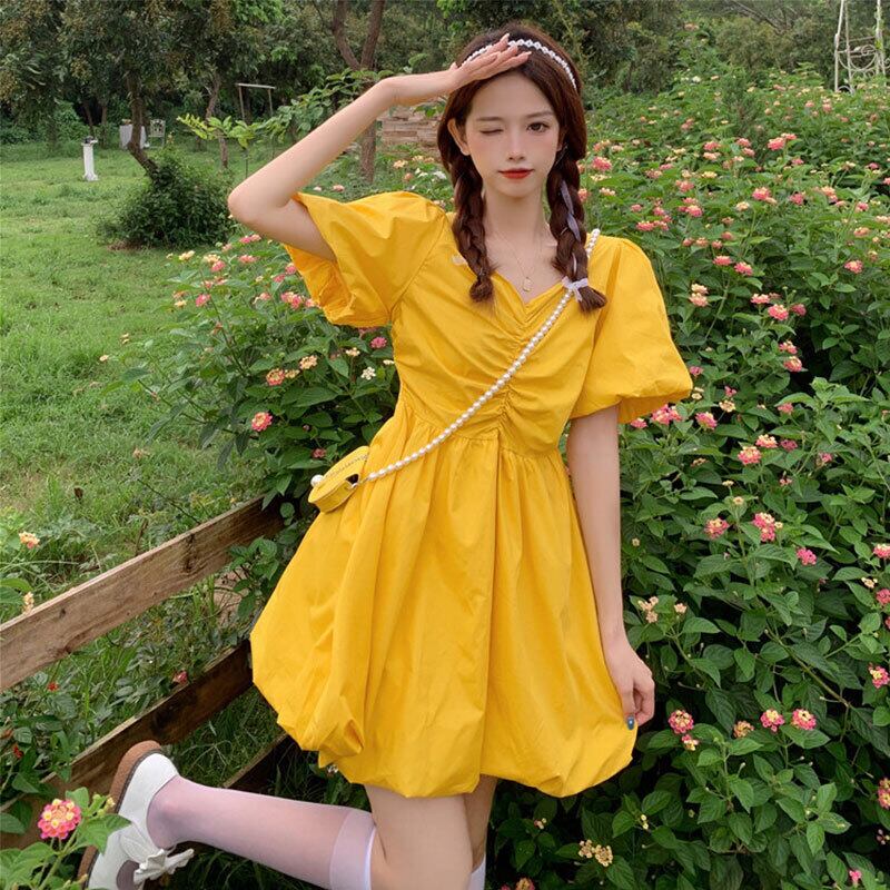 Vネックプリーツスカート ハイウェストウェストドレス サマー 大人ガーリー スウィート キュート カジュアル 夏物 萌量不足25405762381