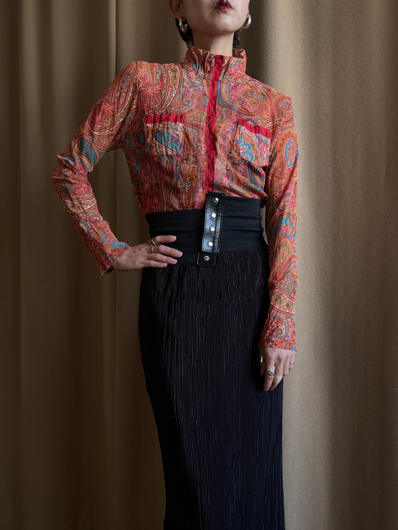 paisley pattern sheer high neck tops-5134-1