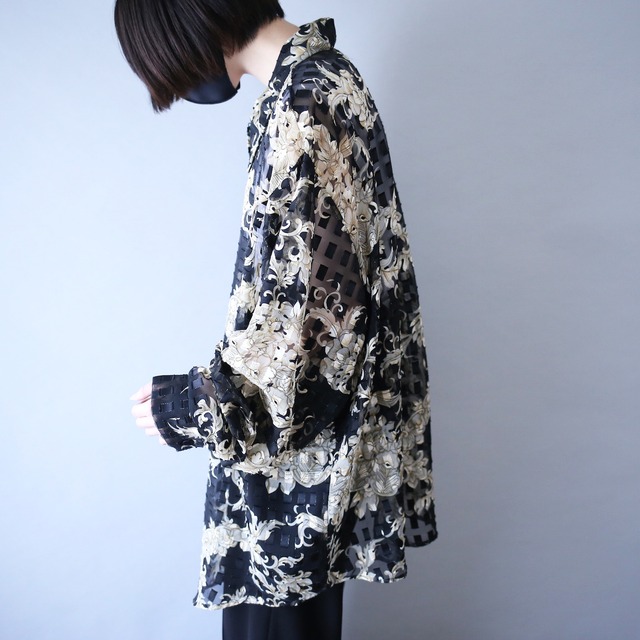 art graphic & block pattern loose silhouette see-through shirt