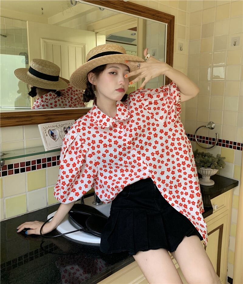 サマースタイルスリーブFlowerデザイン シャツ 大人ガーリー スウィート キュート カジュアル 夏物 フラワーデザイン モンロー15126259864