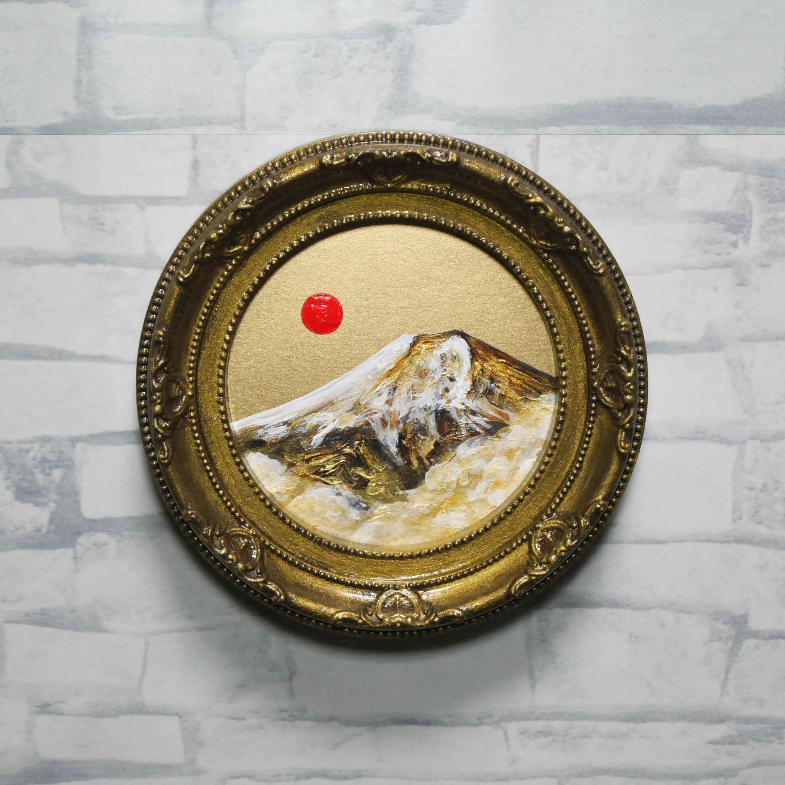 油絵 油彩 円形ミニ絵画「黄金富士山」絵画 油彩画 インテリア 風景画