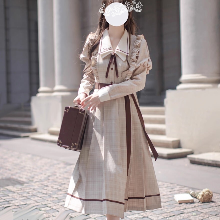 クラシカルロリィタ ワンピース ウエストベルト付き チェック柄 控えめ お嬢様風 胡桃木