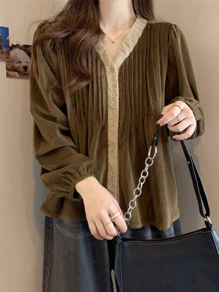 ピンタックアクセントコーデュロイブラウス 大人きれいめコーデ ナチュラル かわいい オフィスカジュアル 秋冬 大きいサイズ 韓国 CH8192