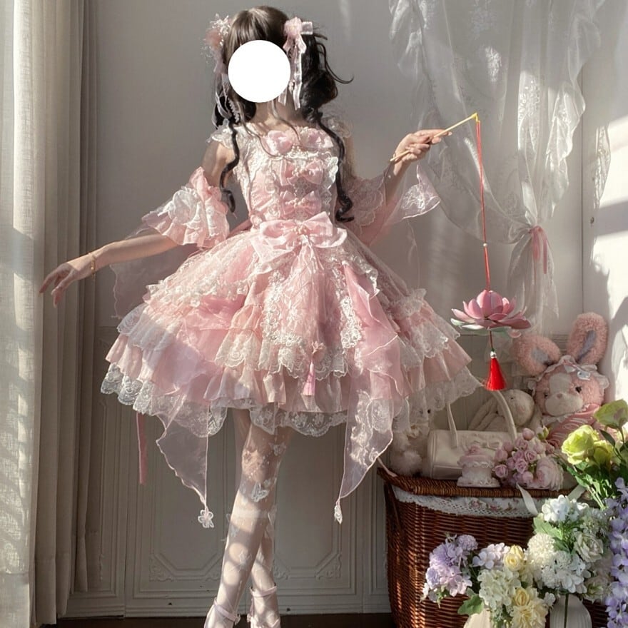 【即納】ロリータドレスセット JSK+ケープ ピンク 甘ロリ レース リボン ロリータファッション 甘ロリ 若草色・ピンク・紫 レースリボン付け袖