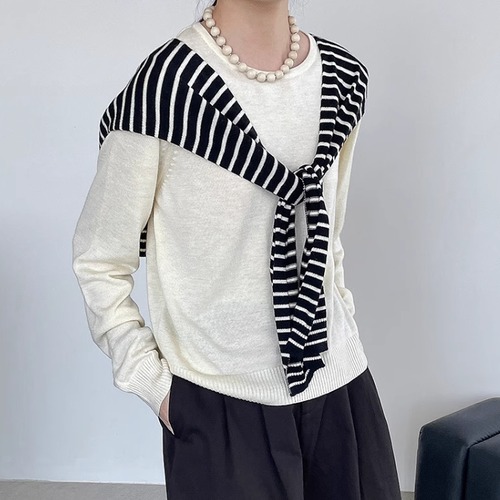 【2点セット】5色／ソリッドニットトップス+ボーダーショール ・19649