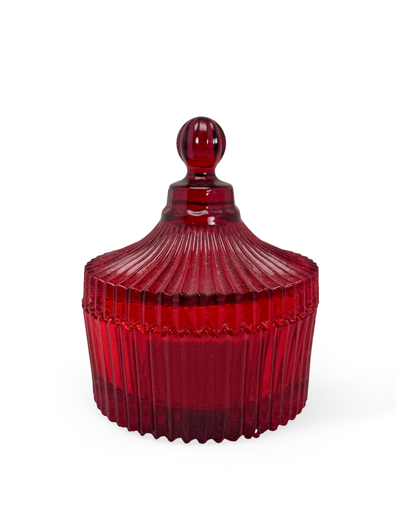 ヴィンテージ雑貨 レッドガラス キャンディジャー（リブ模様／蓋付き）