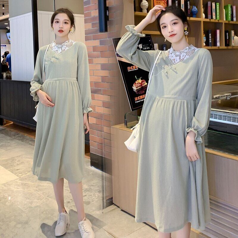 【新作】【送料無料】 6010秋のマタニティロングパーティードレスレースパッチワークニットコットン服妊娠中の女性妊娠 オータム 秋物 AL expec462253648235