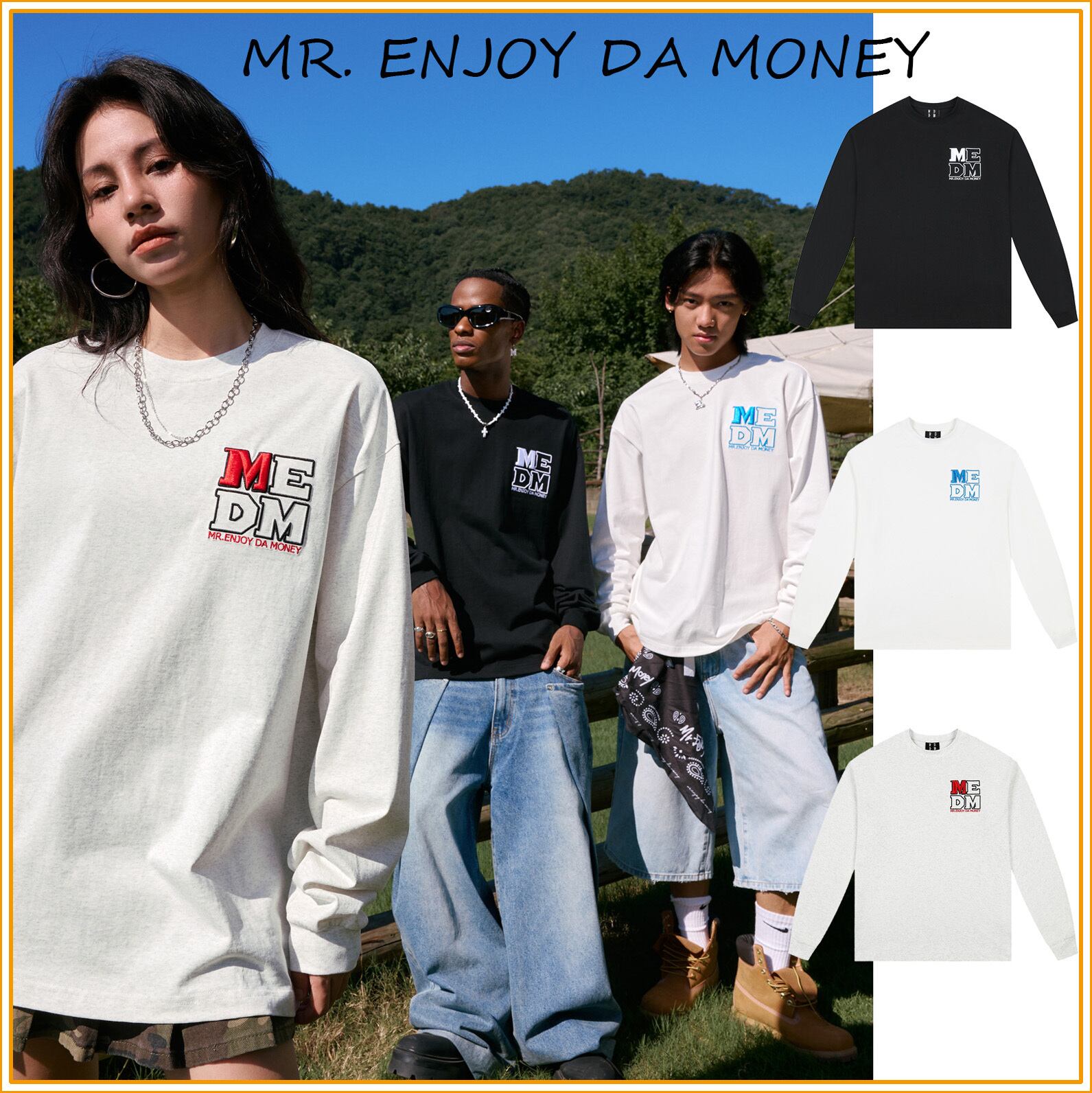 MEDM ロゴ 長袖 Tシャツ ストリート ルーズ クルーネック ロンT MEDM ロゴ刺繍 長袖Tシャツ クルーネック ロンT ルーズ 男女兼用