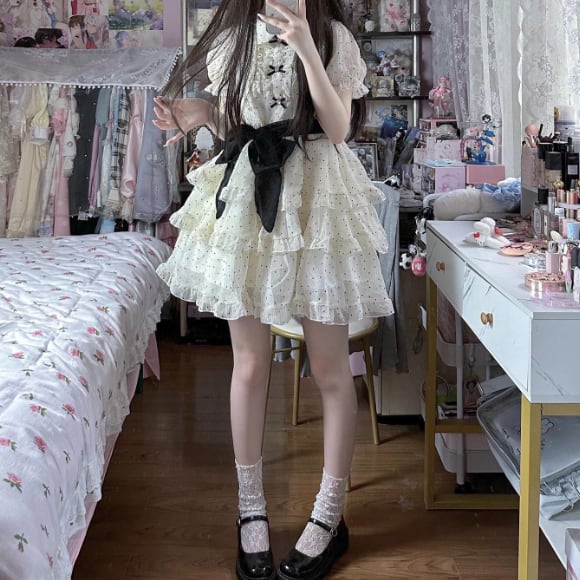 リボンデザインドットフレアワンピ ・78461 | sucrier（シュクリエ