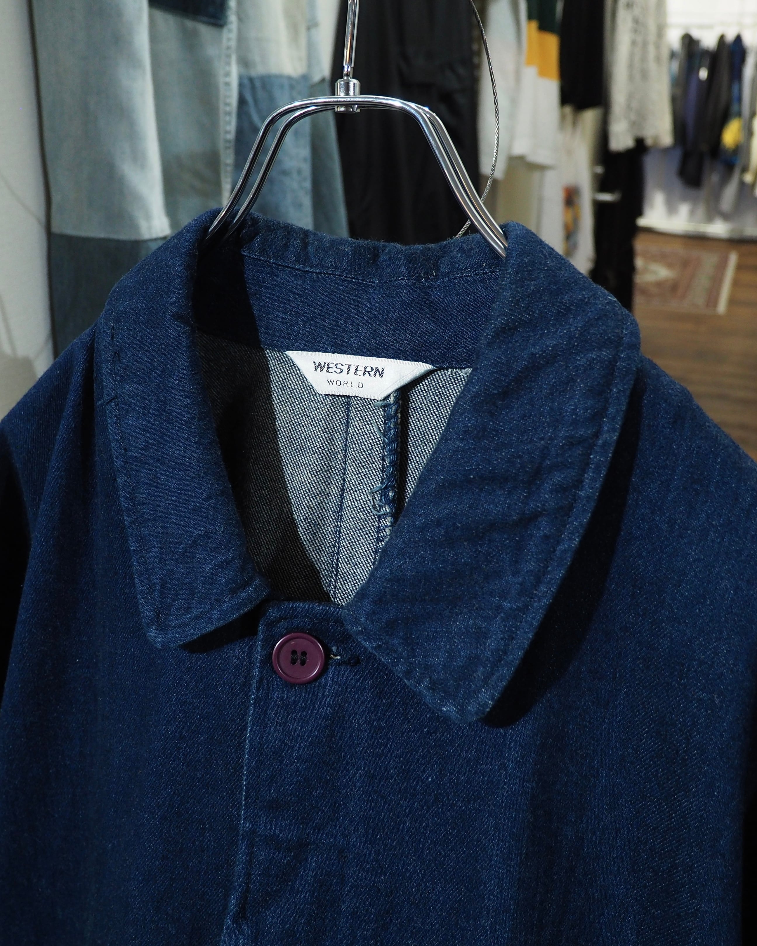1980 - 90s ” 群青 ” Beautiful Indigo Blue Color Vintage Long Denim Coat
