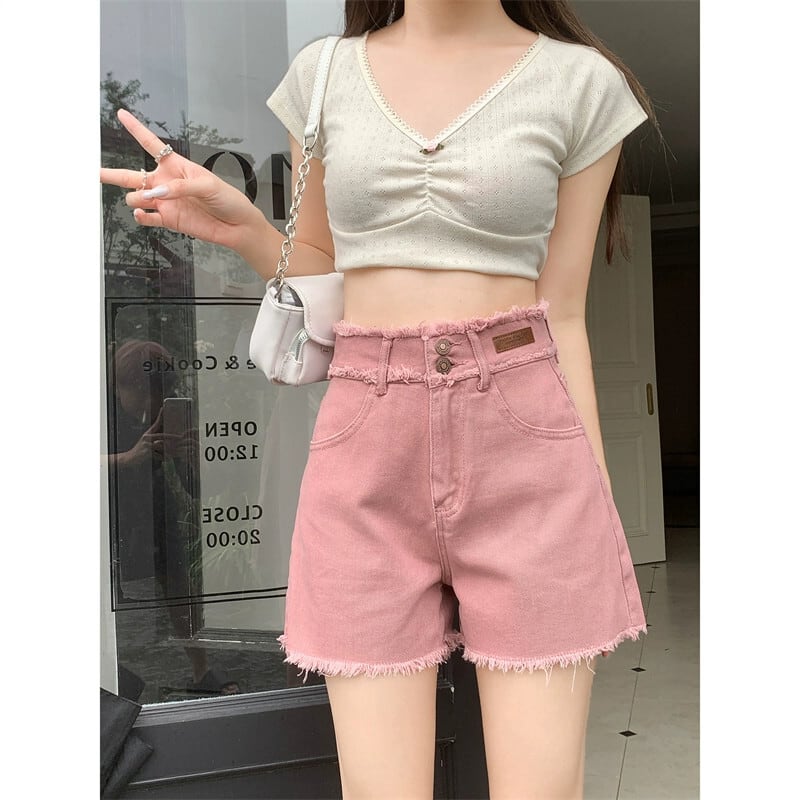 送料無料】 ピンクデニムショートパンツ やや太め夏用ハイウエスト