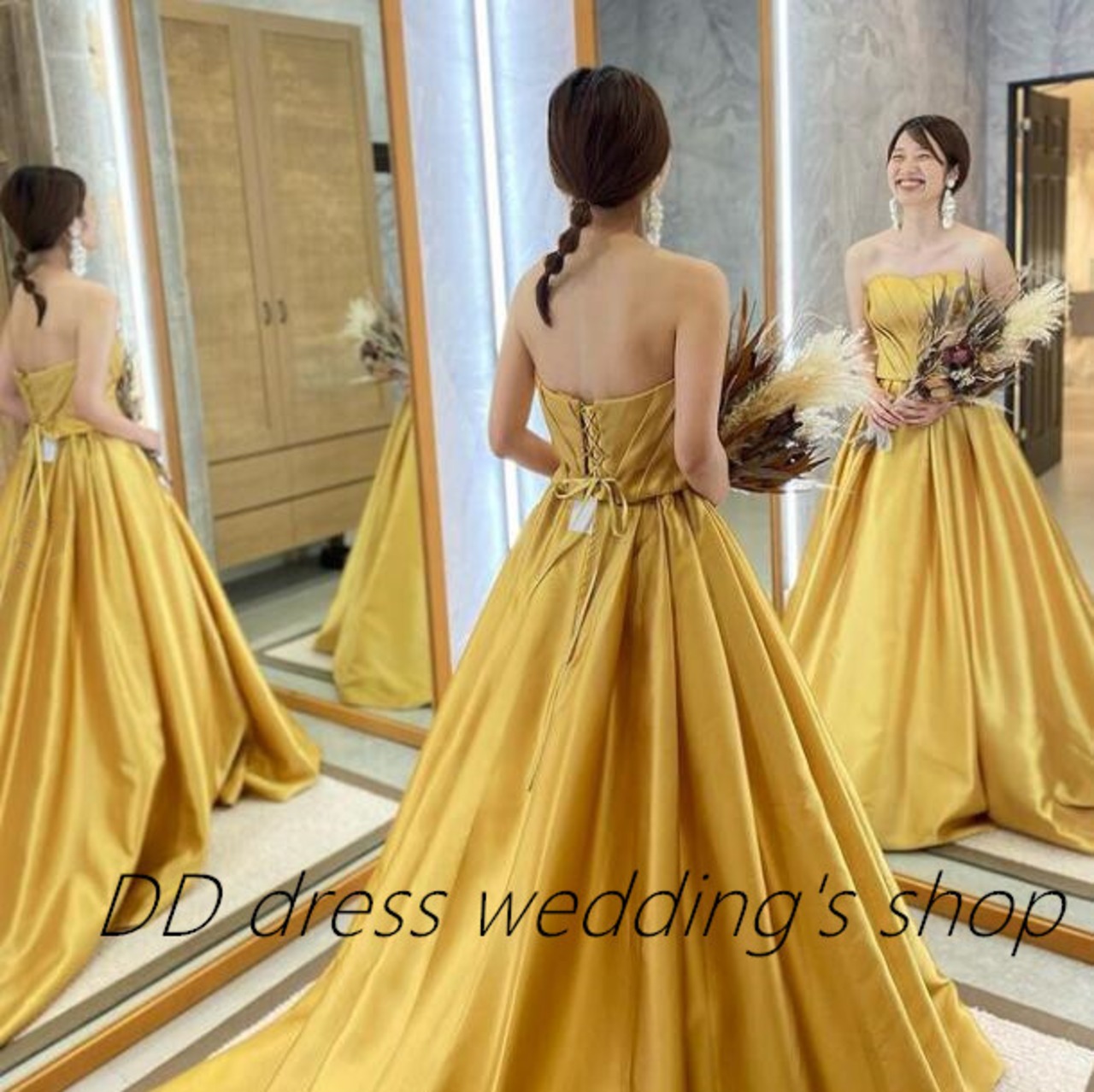 高品質！パーティードレス イエロー ベアトップ 光沢サテン プリンセス  