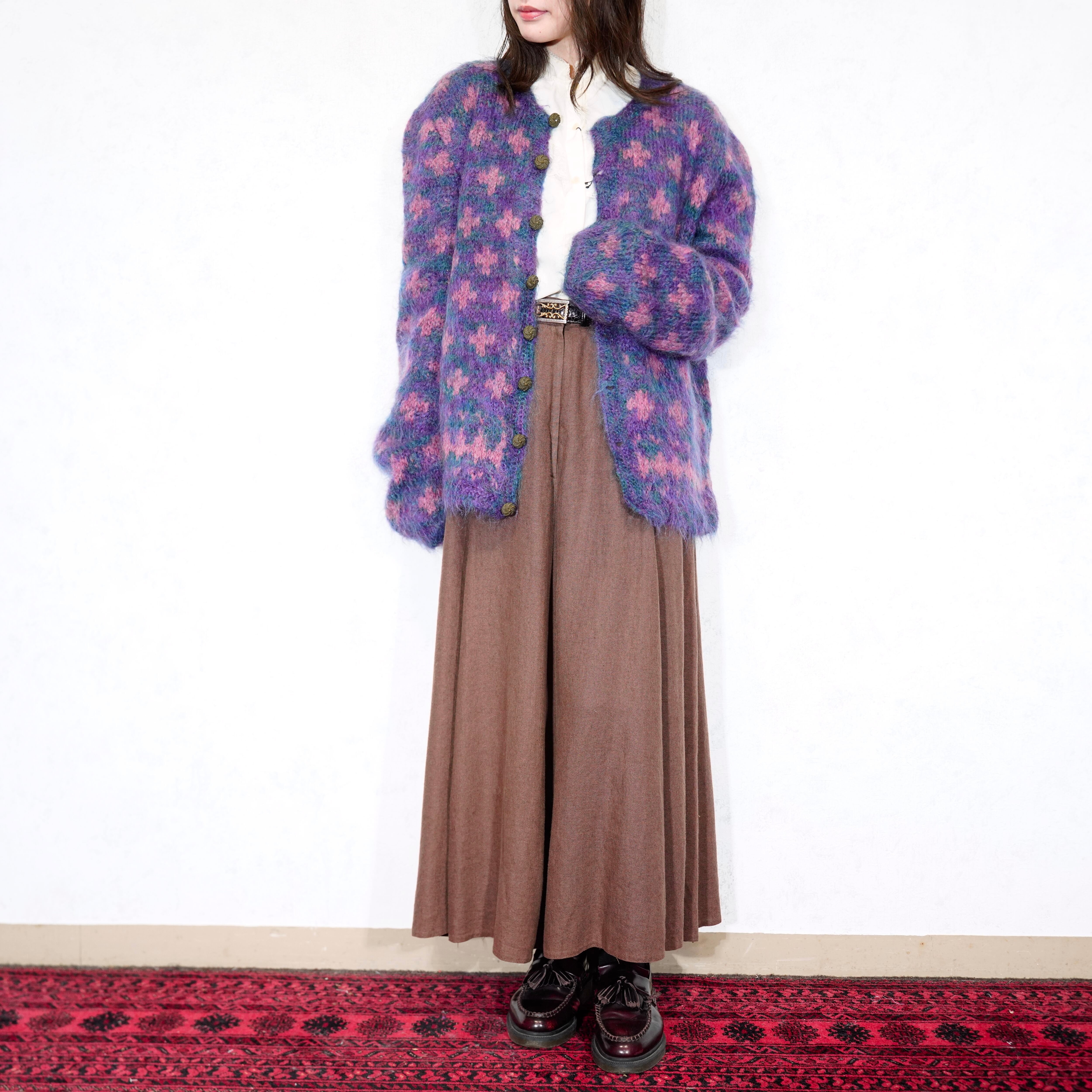 古着 90's Vintage モヘアカーディガン サイドスリット入り USA VINTAGE PATTERNED DESIGN MOHAIR KNIT CARDIGAN/アメリカ古着柄