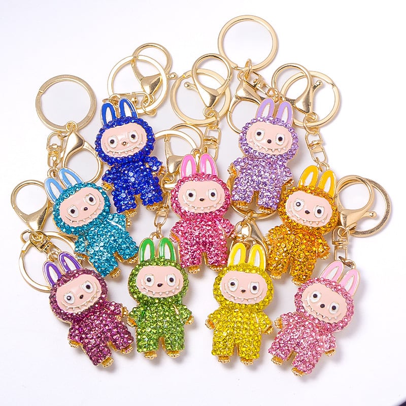 【9色展開】合金×フルストーンが超絶キラキラ!裏ハートくり抜きデザインが可愛すぎる♡ LABUBU ラブブ キーホルダー 超高品質 バッグにもキーにも 友チョコ・彼チョコにも