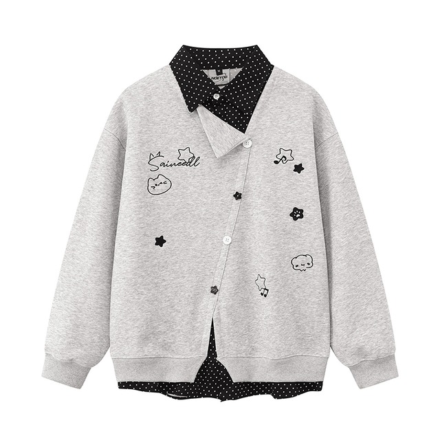 【YITAIシリーズ】★POLOシャツ★ 2color トップス ユニセックス メンズ 猫 ネコ 猫柄 灰 青 フェイクレイヤード ドット柄 切り替え