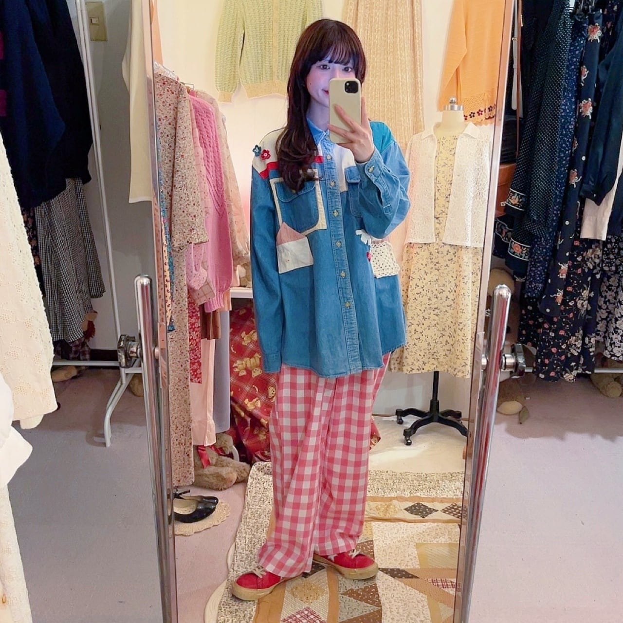 pink block check pants