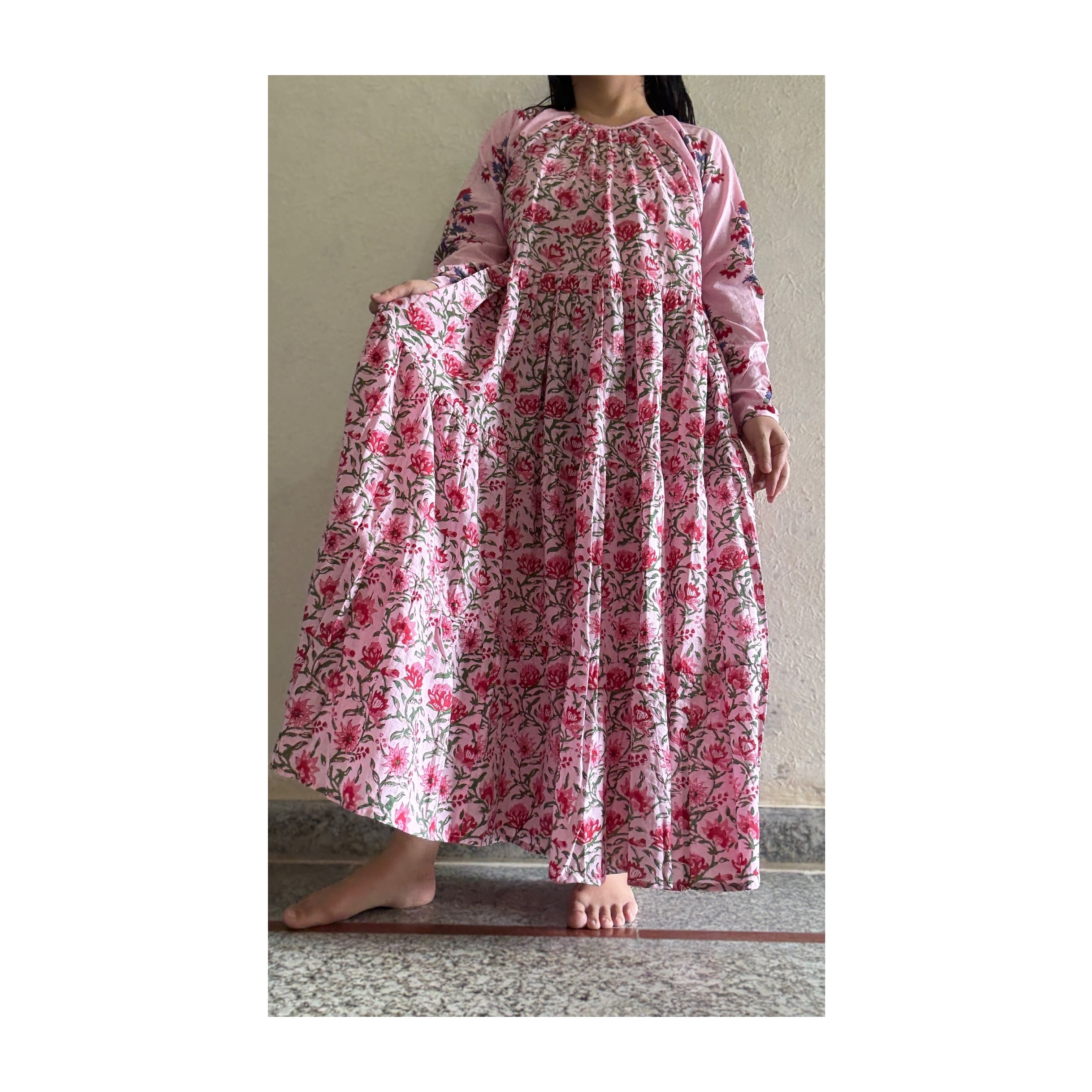 saruche ブロックプリント Raglan ギャザーワンピース Pink | saruche