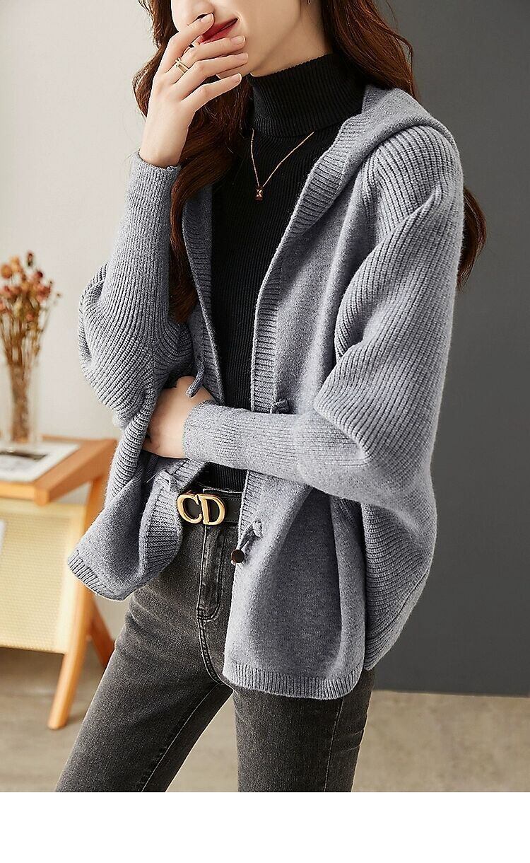 2025新作 フード付き ニット カーディガン トップス ボタン 春 秋 冬