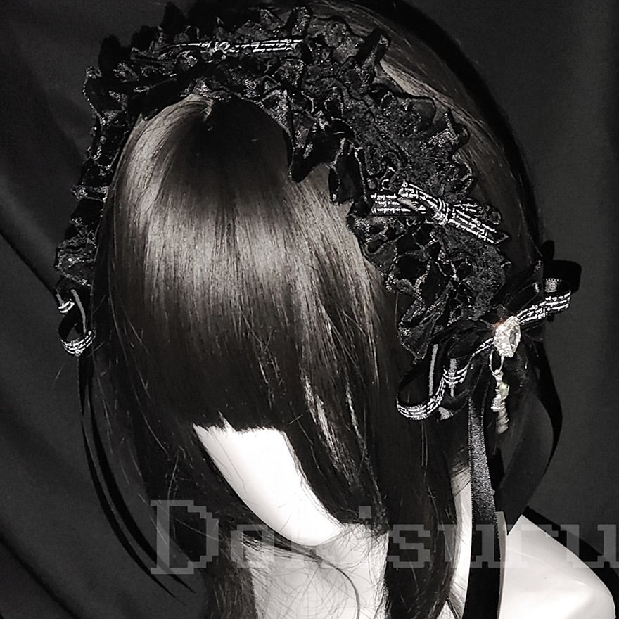 地雷系系 ヘッドドレス 黒 白 カチューシャ ラインストーン ゴシック