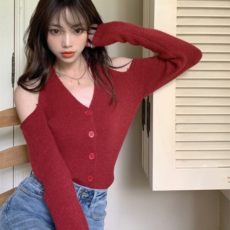 トップス レディース ニット セーター 4カラー フリーサイズ ブラウン ホワイト ブラック レッド カラバリ リブニット Vネック 長袖 萌え袖 無地 ホルターネック オープンショルダー オフショルダー スタイリッシュ シンプル カジュアル フェミニン キュート セクシー 大人可愛い おしゃれ 普段使い デート お出かけ 女子会 休日 旅行 通学 着まわし ファッション コーデ スタイル モテ 送料無料 抜け感 こなれ感 着映え ユニーク 春 秋