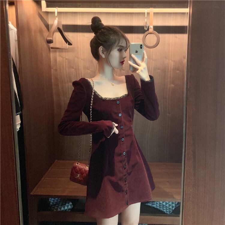 フレンチレトロレーススクエアネックスモールドレススカートウエストスリミング気質ドレス女性2020年秋新作 ドラファッションホール82820811956