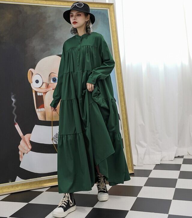 春新作 春 ワンピース 長袖 切り替えワンピース 原宿系ファッション モード系 ワンピース ロングワンピース マキシ丈 ゆったり 体型カバー 大人カジュアル 個性的服 女子会 代 30代 40代 ブラック ダークグリーン P6523 Kirari きらり