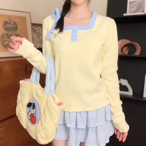 バイカラーリボンスクエアネックトップス ・71701