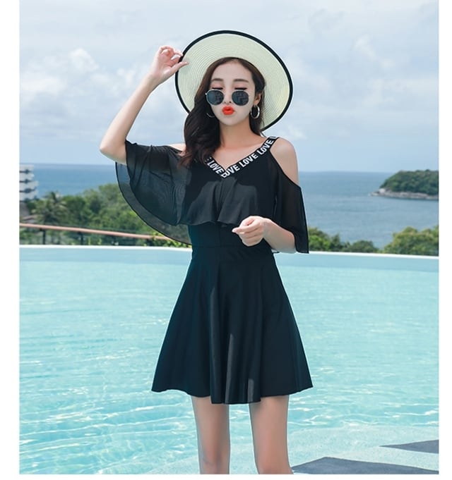 Z-20125 水着 ワンピース ロゴ オフショルダー ノースリーブ フレア