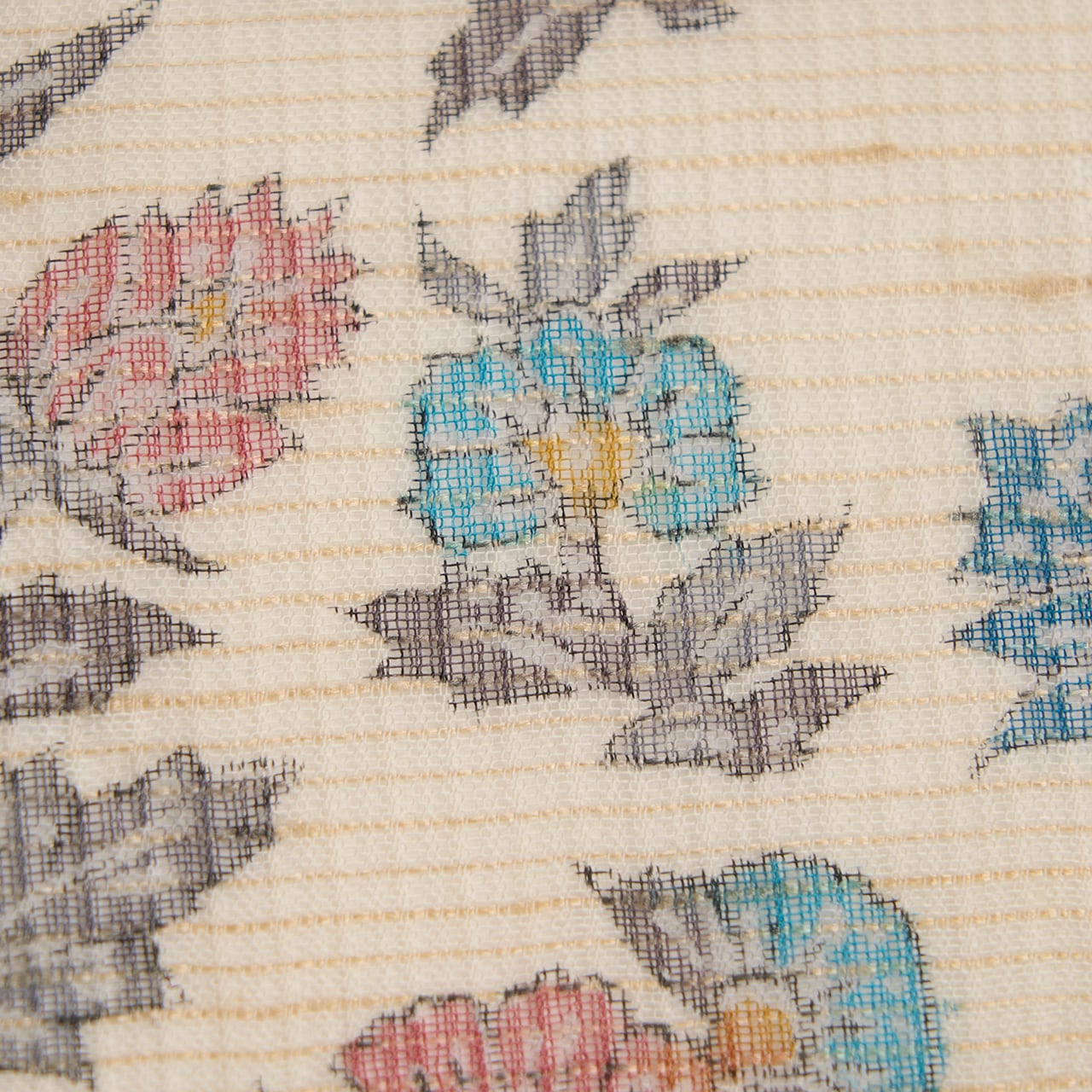 正絹 紗紬名古屋帯 作家物 夏帯(未使用品)【三越】 ペルシャ花文 木版更紗 紬紗夏名古屋帯 作家物【未着用品】 | かわの屋