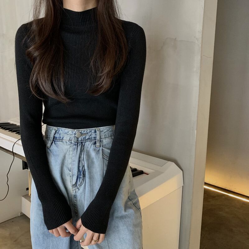 サマーブラックハーフハイカラーボトミングシャツレディース2020新しいスリムフィット長袖ニットセータートップトレンド YY-ファッション49544160086