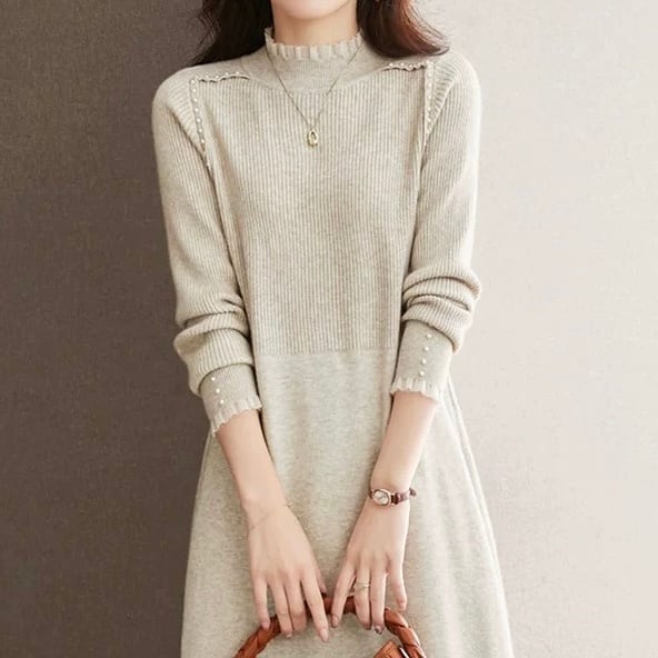 フリルネック 長袖 ミモレ丈 ニットワンピース ◆2col YH9828