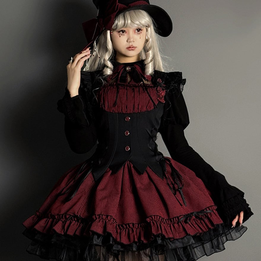 ゴスロリ ワンピース ストライプ×魔女風 ダークファッション｜WithU