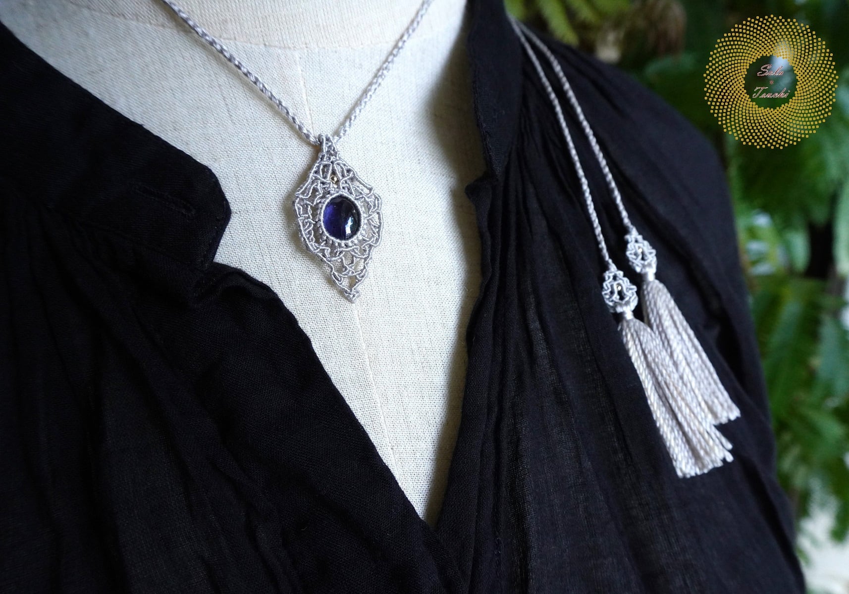 絹糸） アイオライトのマクラメ編みペンダント 〜Tag〜 | Sola*Tsuchi