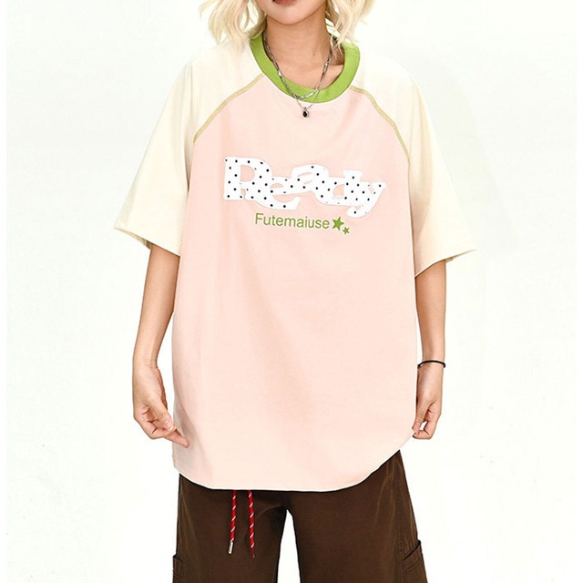 ドットレタリングバイカラーラグランTシャツ 2col   R02172